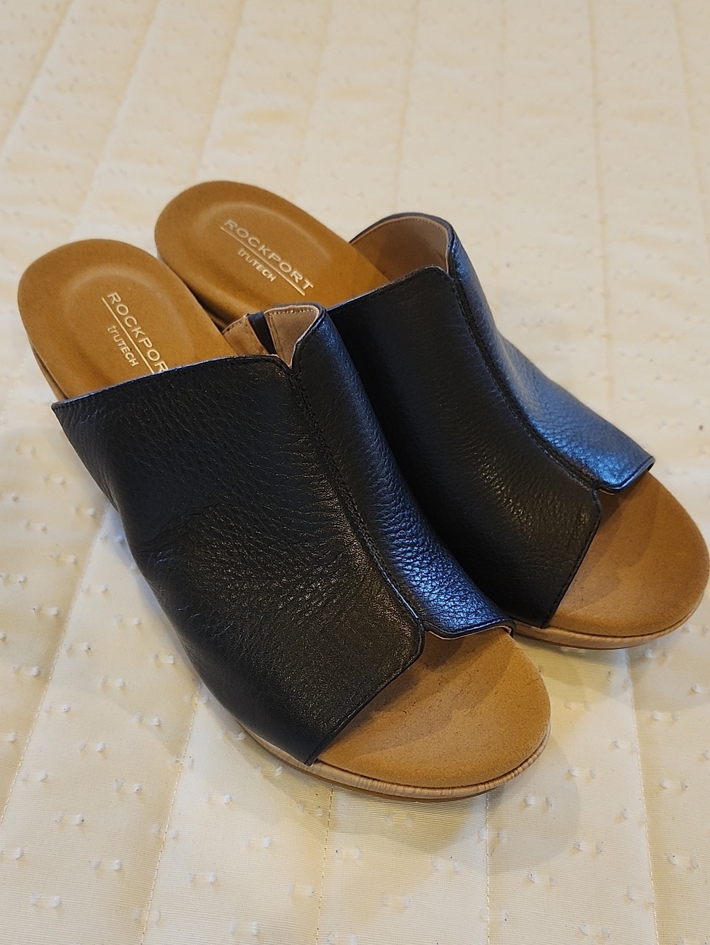 Rockport truetech Women's Black Leather Open-Front Slide Mules Sz 7.5